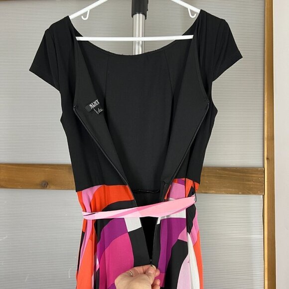 SLNY Black Scoop Neck Cap Sleeve Chiffon Multicolor Asymmetrical Maxi Dress Sz8 - Picture 10 of 16